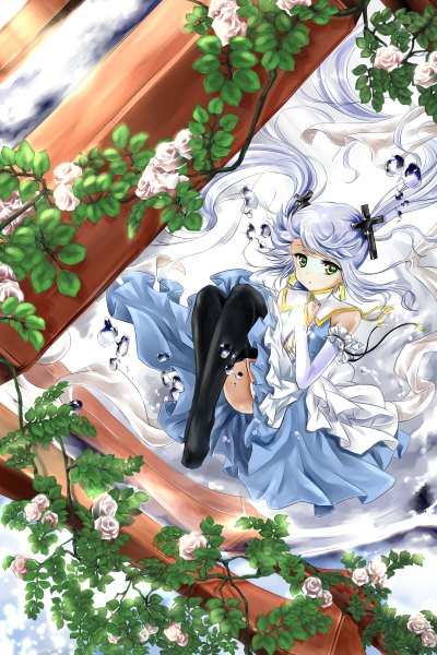 Anime picture 800x1200 with original yomi yasou long hair tall image twintails yellow eyes silver hair girl thighhighs dress gloves hair ornament flower (flowers) black thighhighs plant (plants) elbow gloves frills cross