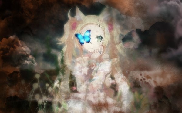 Anime picture 1920x1200 with original h2so4 single long hair looking at viewer blush highres blonde hair wide image twintails green eyes animal ears black eyes cat ears cat girl girl dress hair ornament insect butterfly