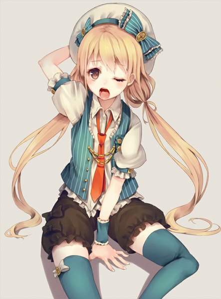Anime picture 665x900 with idolmaster idolmaster cinderella girls futaba anzu paseri single long hair tall image looking at viewer blush open mouth simple background blonde hair brown hair sitting twintails payot bent knee (knees) one eye closed shadow puffy sleeves