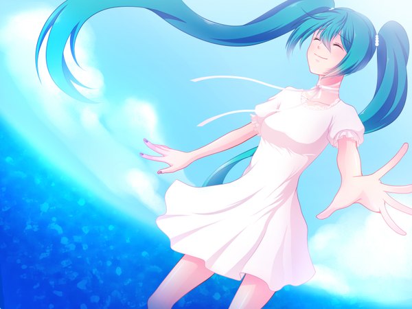 Anime picture 1600x1200 with vocaloid hatsune miku fukufuku (artist) single long hair smile twintails eyes closed aqua hair spread arms girl sundress