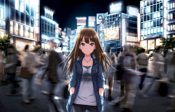 Anime picture 1280x824 with idolmaster idolmaster cinderella girls shibuya rin single long hair looking at viewer fringe blue eyes smile brown hair sky night open jacket official art night sky city hands in pockets casual stage of magic girl