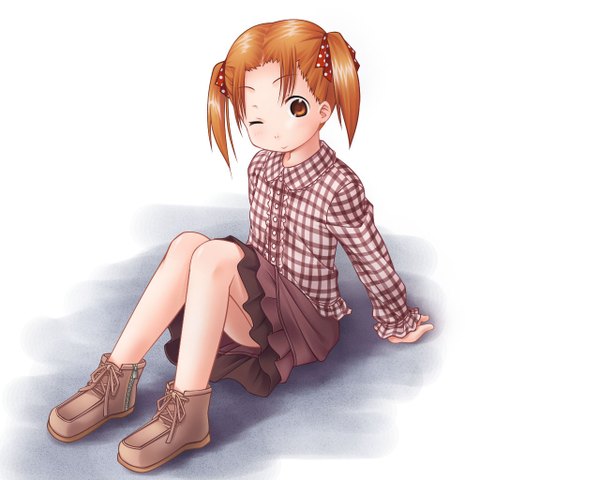 Anime picture 1280x1024 with ichigo mashimaro matsuoka miu single short hair twintails one eye closed wink orange hair loli orange eyes short twintails girl skirt shoes