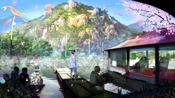 Anime picture 1400x784 with original zunga short hair wide image sitting lying barefoot cherry blossoms mountain scenic steam carrying old man petals water sundress fish (fishes) armchair onsen rope