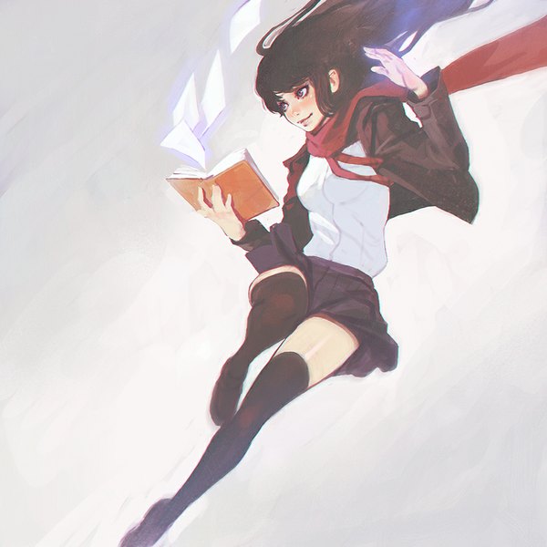 Anime picture 900x900 with original ilya kuvshinov single long hair blush fringe black hair smile bent knee (knees) pleated skirt open clothes open jacket girl thighhighs skirt black thighhighs jacket scarf book (books) black skirt