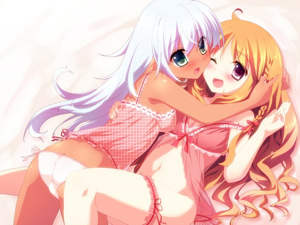 Anime picture 1600x1200 with original alfred long hair blush open mouth light erotic blonde hair red eyes multiple girls green eyes ass white hair one eye closed wink shoujo ai girl navel underwear panties 2 girls