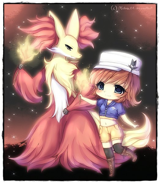 Anime picture 872x1000 with pokemon pokemon xy nintendo delphox midna01 tall image blush fringe short hair blue eyes smile brown hair standing light smile chibi gen 6 pokemon girl thighhighs navel black thighhighs