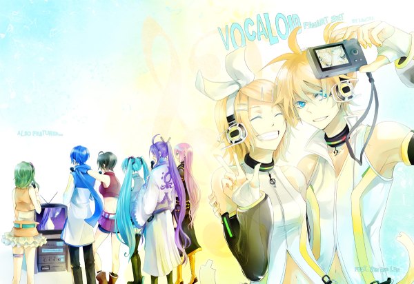 Anime picture 1200x825 with vocaloid hatsune miku megurine luka kagamine rin kagamine len gumi kaito (vocaloid) meiko kamui gakupo lancha (pixiv) long hair short hair blue eyes black hair blonde hair smile twintails bare shoulders multiple girls blue hair