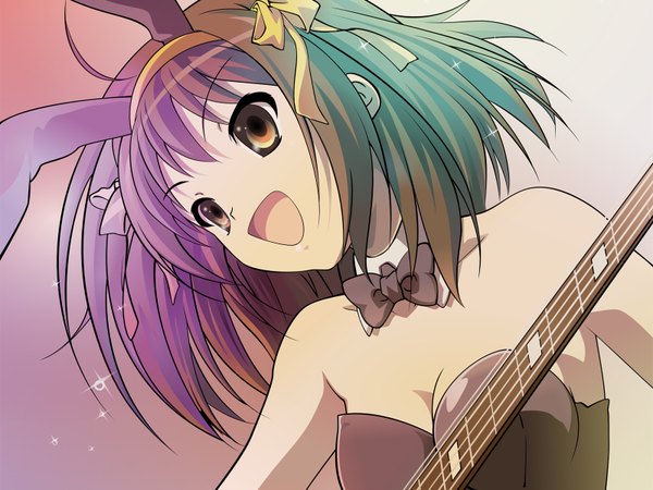 Anime picture 1600x1200 with suzumiya haruhi no yuutsu kyoto animation suzumiya haruhi bunny girl vector girl bunnysuit guitar