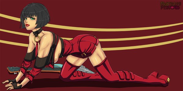 Anime picture 1440x720 with guilty gear i-no digitally-devious single looking at viewer short hair light erotic black hair wide image green eyes lips mole girl guitar clothes