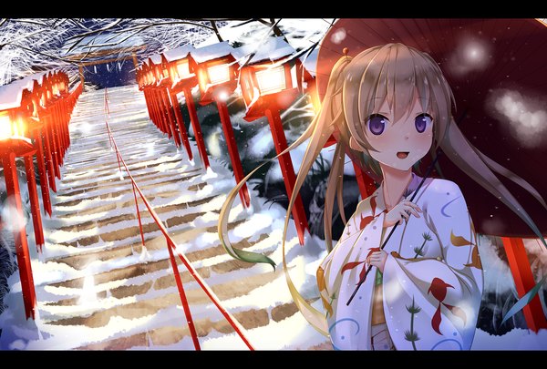 Anime picture 2039x1378 with ao no kanata no four rhythm sprite (company) arisaka mashiro ryuuguu yassuu long hair blush highres open mouth brown hair twintails purple eyes traditional clothes :d japanese clothes wind snowing letterboxed winter snow girl