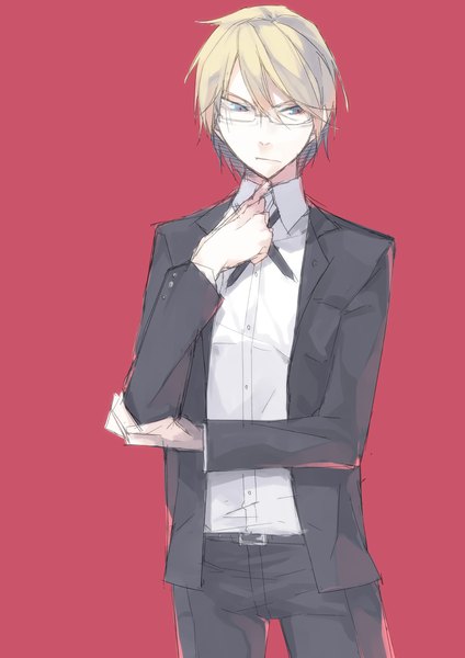 Anime picture 1240x1754 with dangan ronpa togami byakuya haruba negi single tall image short hair blue eyes simple background blonde hair looking away red background boy glasses suit