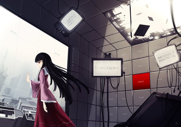 Anime picture 1440x1018 with touhou houraisan kaguya arufa (hourai-sugar) single long hair black hair red eyes girl dress wire (wires) tiles room monitor