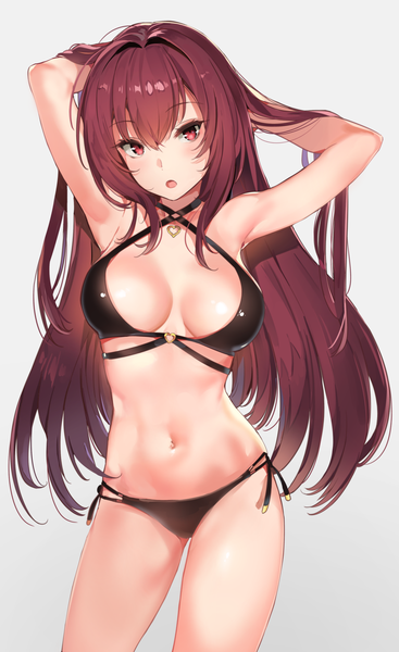 Anime picture 1200x1959 with fate (series) fate/grand order scathach (fate) (all) scathach (fate) yuran (cozyquilt) single long hair tall image looking at viewer fringe breasts open mouth light erotic simple background hair between eyes red eyes brown hair large breasts grey background adjusting hair