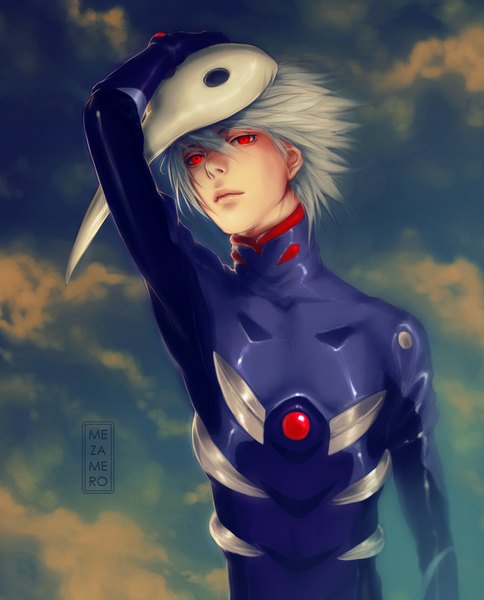 Anime picture 850x1053 with neon genesis evangelion gainax nagisa kaworu mezamero single tall image looking at viewer short hair red eyes signed sky cloud (clouds) white hair hand on head mask on head boy bodysuit mask pilot suit