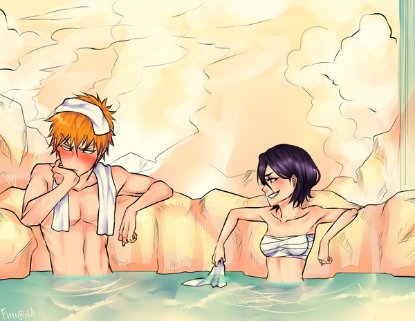 Anime picture 1871x1453 with bleach studio pierrot kurosaki ichigo kuchiki rukia firii (artist) blush highres short hair smile sitting purple eyes brown eyes purple hair profile orange hair midriff wet couple steam towel around neck