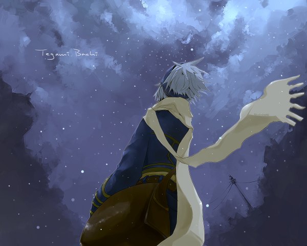 Anime picture 1280x1024 with tegami bachi lag seeing rousteinire single sky white hair from behind from below snowing winter boy scarf bag