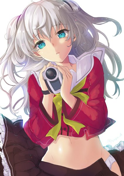 Anime picture 718x1018 with charlotte p.a. works tomori nao yu yu single long hair tall image looking at viewer fringe blue eyes light erotic simple background white background holding silver hair parted lips pleated skirt open clothes bare belly two side up