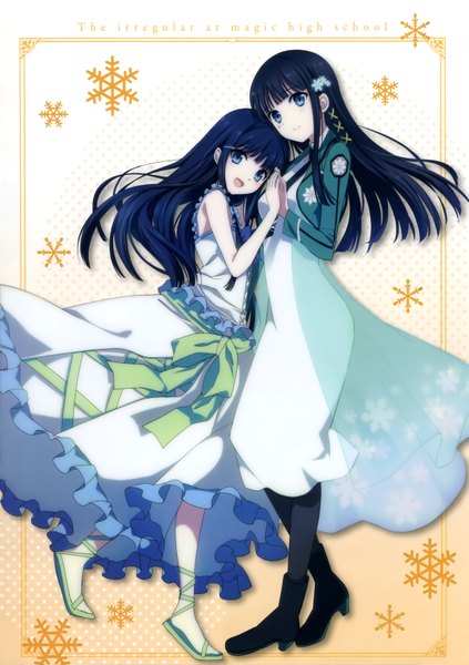 Anime picture 2455x3484 with mahouka koukou no rettousei shiba miyuki long hair tall image looking at viewer blush highres open mouth blue eyes multiple girls blue hair scan dual persona girl dress hair ornament 2 girls boots snowflake hair ornament