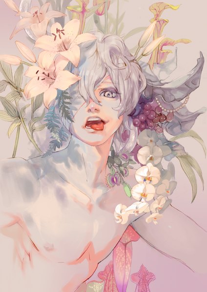 Anime picture 1190x1684 with original temoshi (artist) single tall image highres short hair open mouth silver hair hair flower grey eyes topless bandage over one eye boy hair ornament flower (flowers) plant (plants) tongue bandage (bandages)