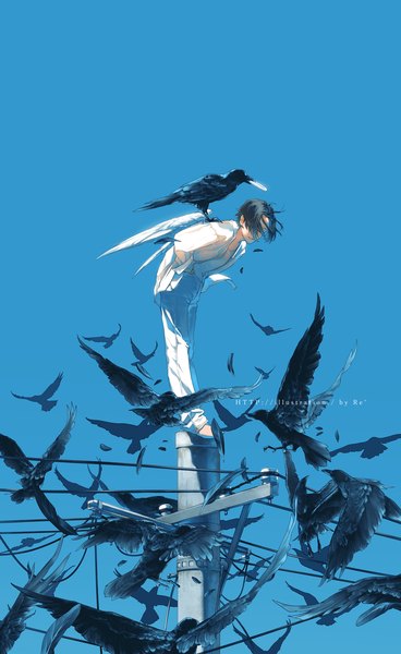 Anime picture 994x1621 with original re (artist) single tall image short hair black hair standing sky full body outdoors leaning leaning forward angel wings white wings hands in pockets angel boy animal wings bird (birds)