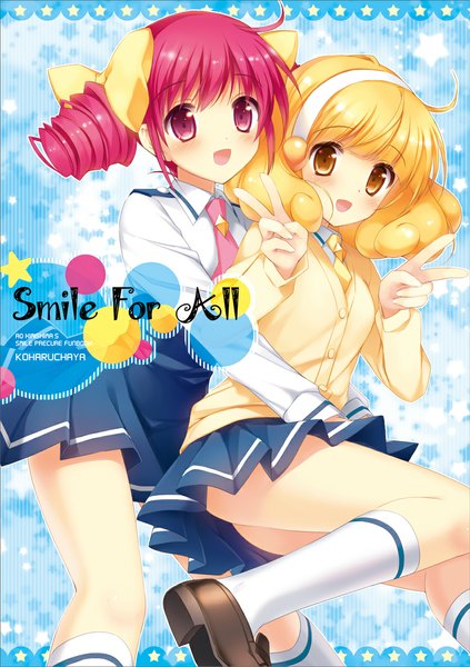 Anime picture 837x1188 with precure smile precure! toei animation kise yayoi hoshizora miyuki kimishima ao tall image blush short hair open mouth blonde hair smile multiple girls yellow eyes pink hair :d pleated skirt pink eyes inscription hug