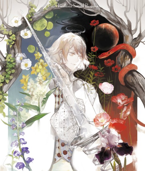 Anime picture 1100x1296 with original pixiv fantasia pixiv pixiv fantasia sword regalia noir (ibaraki) tall image fringe short hair blonde hair holding yellow eyes light smile boy flower (flowers) weapon plant (plants) sword tree (trees) snake