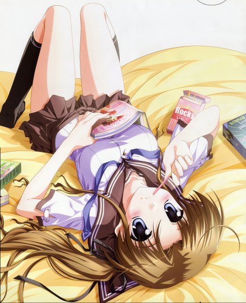 Anime picture 2053x2527 with ef a fairy tale of the two hayama mizuki tall image highres short hair blue eyes brown hair girl serafuku book (books) bed