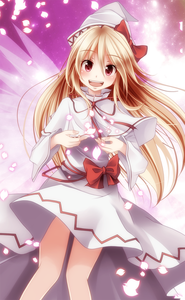 Anime picture 1000x1618 with touhou lily white s-syogo single long hair tall image blush open mouth blonde hair red eyes girl dress bow petals wings