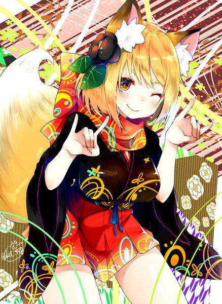 Anime picture 1414x1936 with original chita (ketchup) single tall image looking at viewer fringe short hair breasts blonde hair smile signed animal ears tail traditional clothes japanese clothes animal tail pleated skirt one eye closed hair flower wink