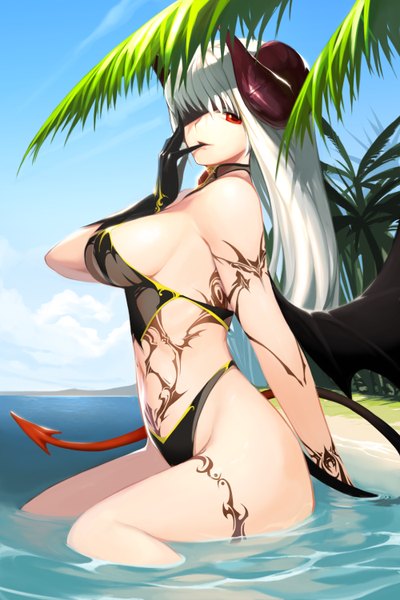 Anime picture 1000x1500 with sword girls snowball22 single long hair tall image breasts light erotic red eyes large breasts white hair tail horn (horns) tattoo beach finger to mouth demon girl girl gloves swimsuit bikini