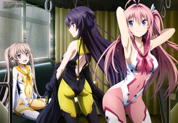 Anime picture 5908x4087 with ao no kanata no four rhythm sprite (company) animedia arisaka mashiro tobisawa misaki kurashina asuka koikawa shinpei long hair highres open mouth blue eyes light erotic black hair brown hair purple eyes twintails multiple girls pink hair absurdres official art