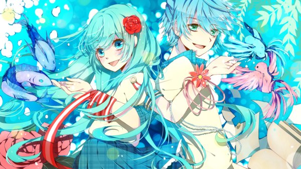 Anime picture 1920x1080 with vocaloid hatsune miku hatsune mikuo nono (emem0421) long hair highres short hair open mouth blue eyes wide image twintails multiple girls blue hair hair flower aqua eyes aqua hair girl hair ornament ribbon (ribbons) 2 girls