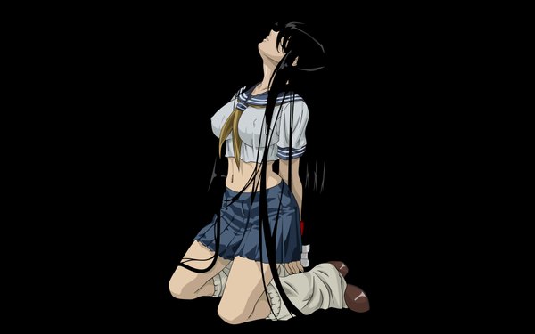 Anime picture 4000x2500 with ikkitousen kanu unchou single long hair fringe highres breasts light erotic black hair simple background wide image large breasts absurdres full body hair over one eye black background covered nipples vector third-party edit extended