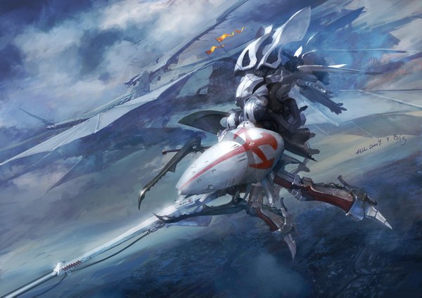 Anime picture 1286x909 with five star stories led mirage hjl sky cloud (clouds) flying weapon armor mecha aircraft airship