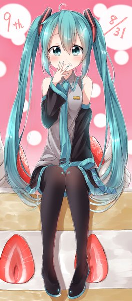 Anime picture 1810x4123 with vocaloid hatsune miku pentagon (railgun ky1206) single tall image looking at viewer blush fringe highres smile hair between eyes sitting twintails bare shoulders ahoge very long hair nail polish pleated skirt aqua eyes fingernails