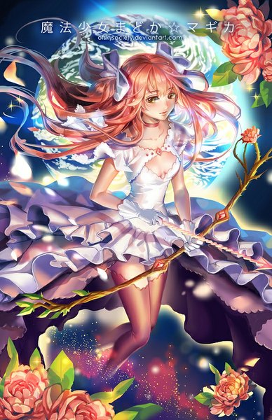 Anime picture 582x900 with mahou shoujo madoka magica shaft (studio) kaname madoka goddess madoka ofskysociety single long hair tall image blush fringe twintails holding signed yellow eyes looking away pink hair from above hieroglyph eyebrows space