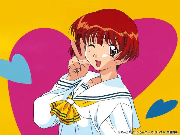 Anime picture 1280x960 with sentimental graffiti hoshino asuka tagme (artist) single short hair open mouth brown eyes looking away upper body red hair one eye closed wink official art victory ;d girl uniform serafuku heart