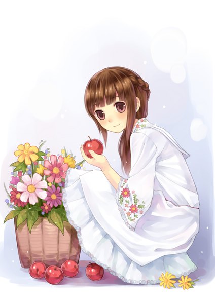 Anime picture 2480x3507 with original tsubasa tsubasa single long hair tall image looking at viewer fringe highres smile brown hair white background holding brown eyes payot full body blunt bangs braid (braids) wide sleeves floral print squat