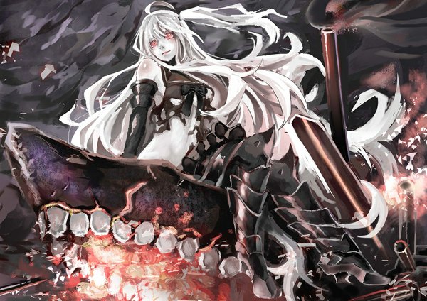 Anime picture 1000x707 with kantai collection aircraft carrier hime poi_exe long hair fringe red eyes sitting bare shoulders looking away cloud (clouds) white hair wind teeth one side up smoke shinkaisei-kan girl gloves weapon black gloves