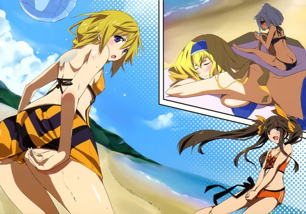 Anime picture 1500x1050 with infinite stratos 8bit charles dunois laura bodewig cecilia orcott fang linyin long hair blush short hair open mouth light erotic blonde hair brown hair twintails purple eyes multiple girls blue hair eyes closed beach back