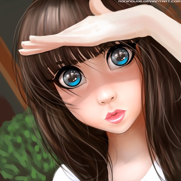 Anime picture 800x800 with original ronin dude (ray cornwell) single long hair looking at viewer fringe blue eyes brown hair lips lipstick portrait close-up face pink lipstick makeup girl