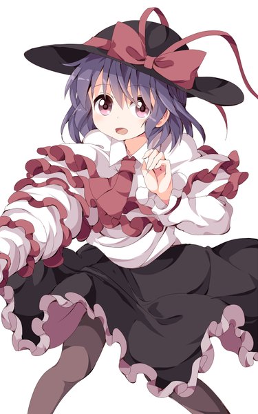 Anime picture 625x1000 with touhou nagae iku ruu (tksymkw) single tall image looking at viewer short hair open mouth simple background white background purple hair :d pink eyes from above girl skirt ribbon (ribbons) weapon hat pantyhose
