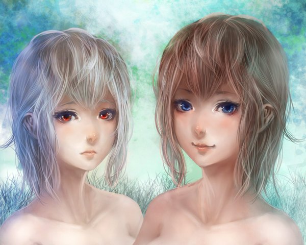 Anime picture 1000x800 with original cherokee looking at viewer short hair blue eyes blonde hair red eyes brown hair bare shoulders multiple girls light smile lips close-up face girl 2 girls plant (plants) grass