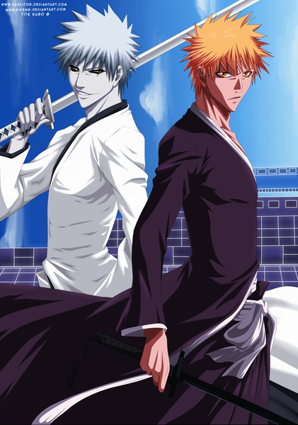 Anime picture 1736x2475 with bleach studio pierrot kurosaki ichigo eikens carl1tos tall image highres short hair smile yellow eyes sky silver hair traditional clothes japanese clothes orange hair orange eyes coloring dual persona boy weapon