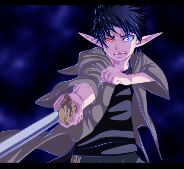 Anime picture 1100x1012 with ao no exorcist a-1 pictures okumura rin hollowcn single short hair open mouth blue eyes red eyes blue hair pointy ears teeth heterochromia coloring letterboxed sharp teeth boy weapon sword cloak