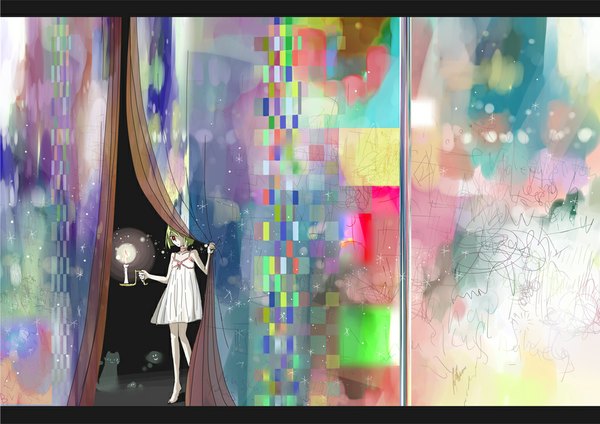 Anime picture 1052x744 with arakawa (aintnoroom) short hair red eyes green hair colorful girl dress curtains cat candle (candles)