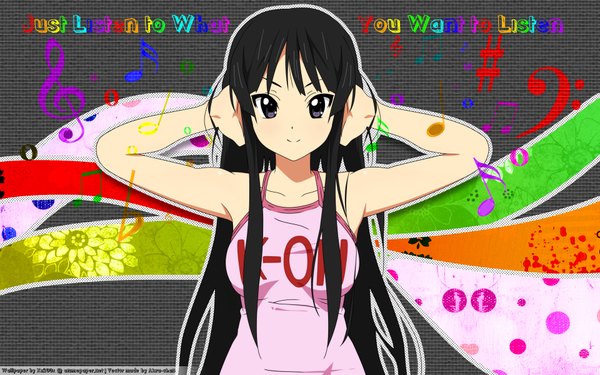 Anime picture 1920x1200 with k-on! kyoto animation akiyama mio single long hair highres black hair wide image light smile black eyes girl musical note