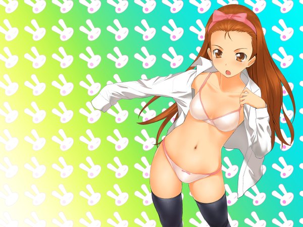 Anime picture 1280x960 with idolmaster minase iori a1 single long hair blush open mouth light erotic brown hair brown eyes from above wallpaper dressing girl thighhighs navel underwear panties black thighhighs shirt