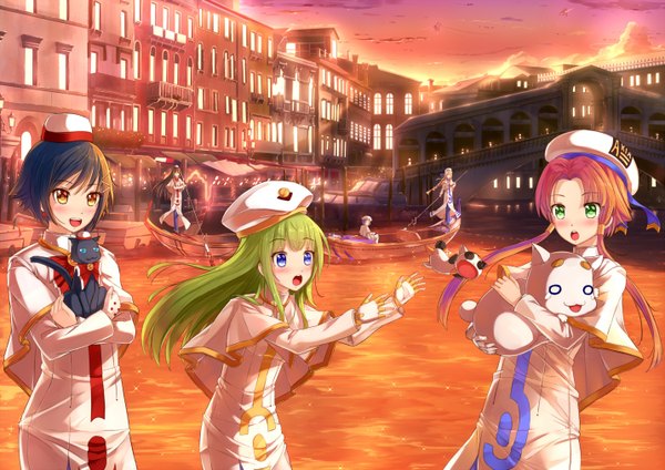 Anime picture 1432x1012 with aria mizunashi akari alice carroll aika s granzchesta alicia florence aria pokoteng kazeno long hair blush short hair open mouth blue eyes black hair multiple girls green eyes yellow eyes pink hair green hair evening sunset