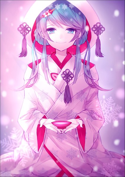 Anime picture 707x1000 with vocaloid hatsune miku yuki miku yuki miku (2013) moco 315 single long hair tall image looking at viewer blue eyes smile blue hair traditional clothes snowing girl hair ornament hairclip hood snowflake (snowflakes) snowflake hair ornament